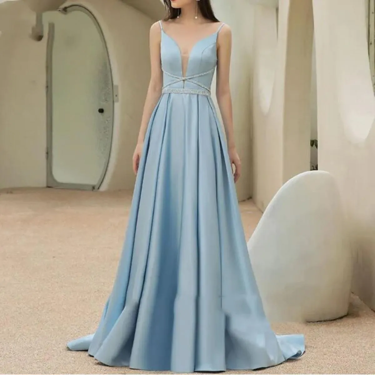 Abito da sera formale con spalline blu con scollo a V profondo, abito da ballo di fine anno, con cerniera in raso, elegante senz