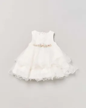 Abito smanicato bianco in tulle a balze con applicazione floreale 18 mesi