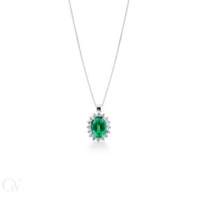 Collana in oro bianco 18k con smeraldo al centro e diamanti