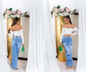 Crop-top con spalle scoperte drappeggiato MA150 Bianco