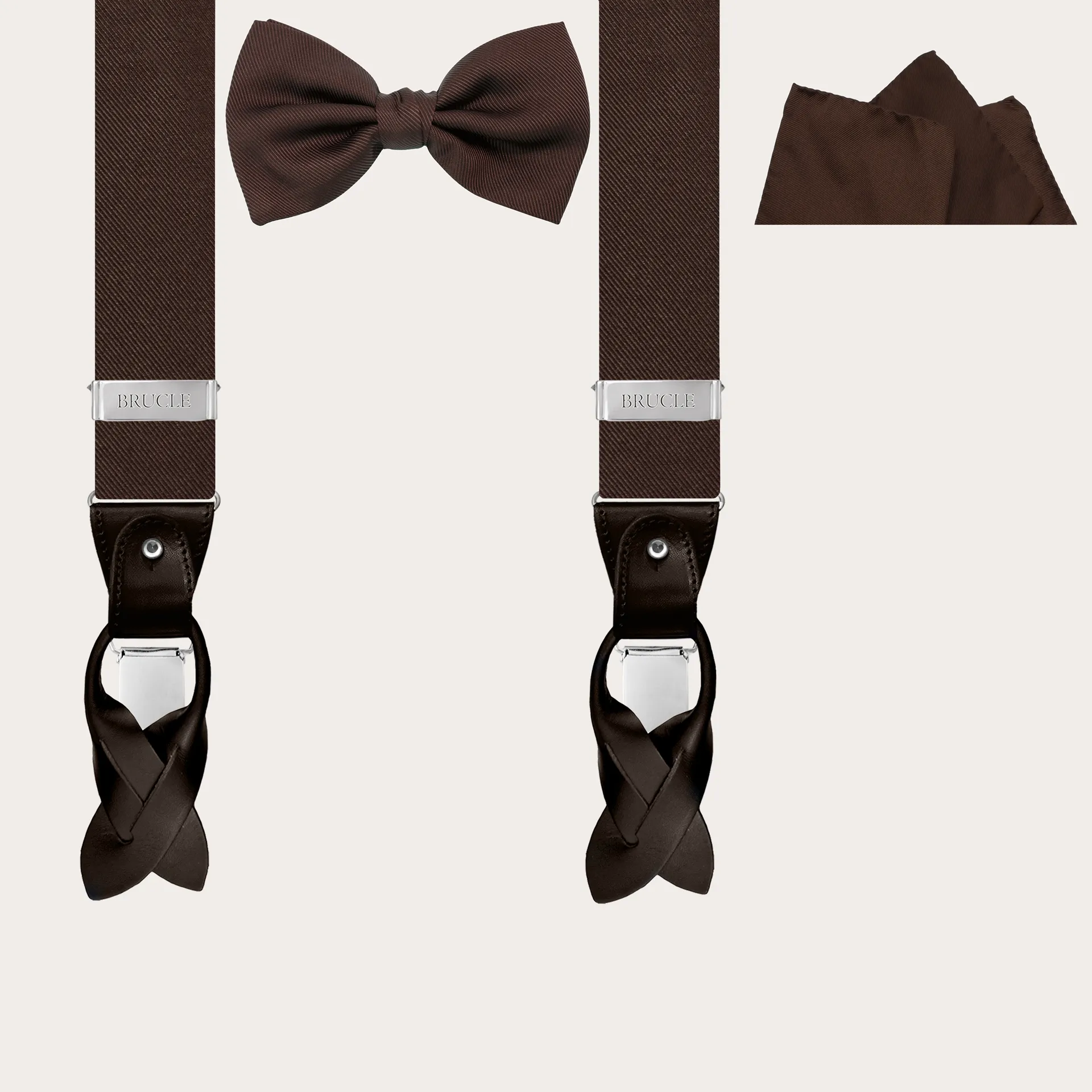 Elegante set di bretelle, papillon e pochette in seta marrone