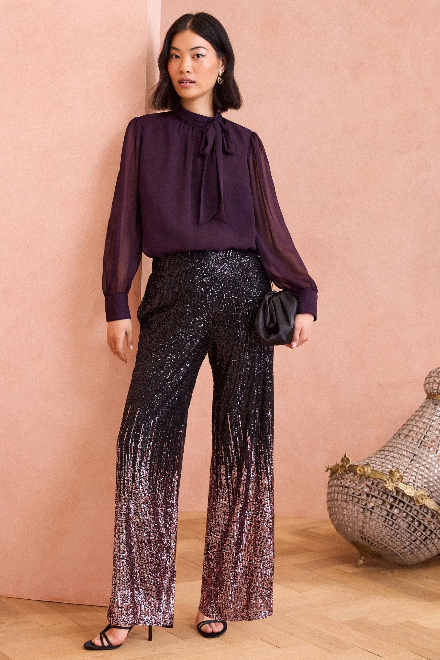 ENB | Love & Roses Pantalone Scuro Lustrino a gamba larga    