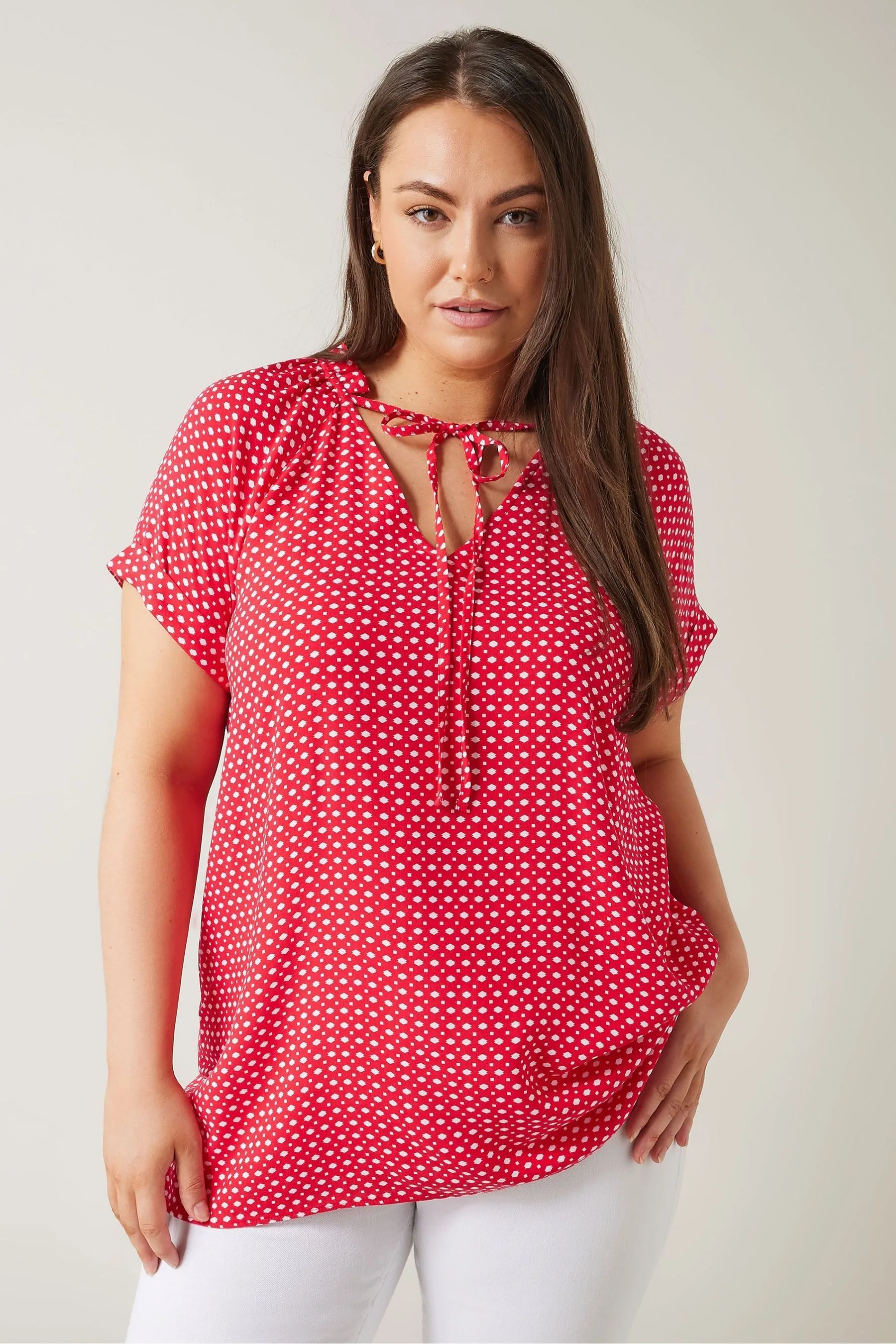 Evans Curve Dot Print Tie Neck Blouse    