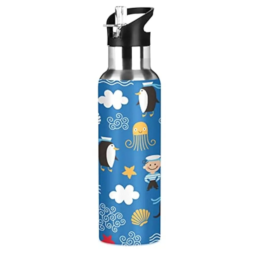 KAAVIYO Pinguino Blu Bottiglia Acqua Isolato Borraccia Termica Acciaio Inox 600ML Water Bottle per Bambini Sport Ciclismo 185407