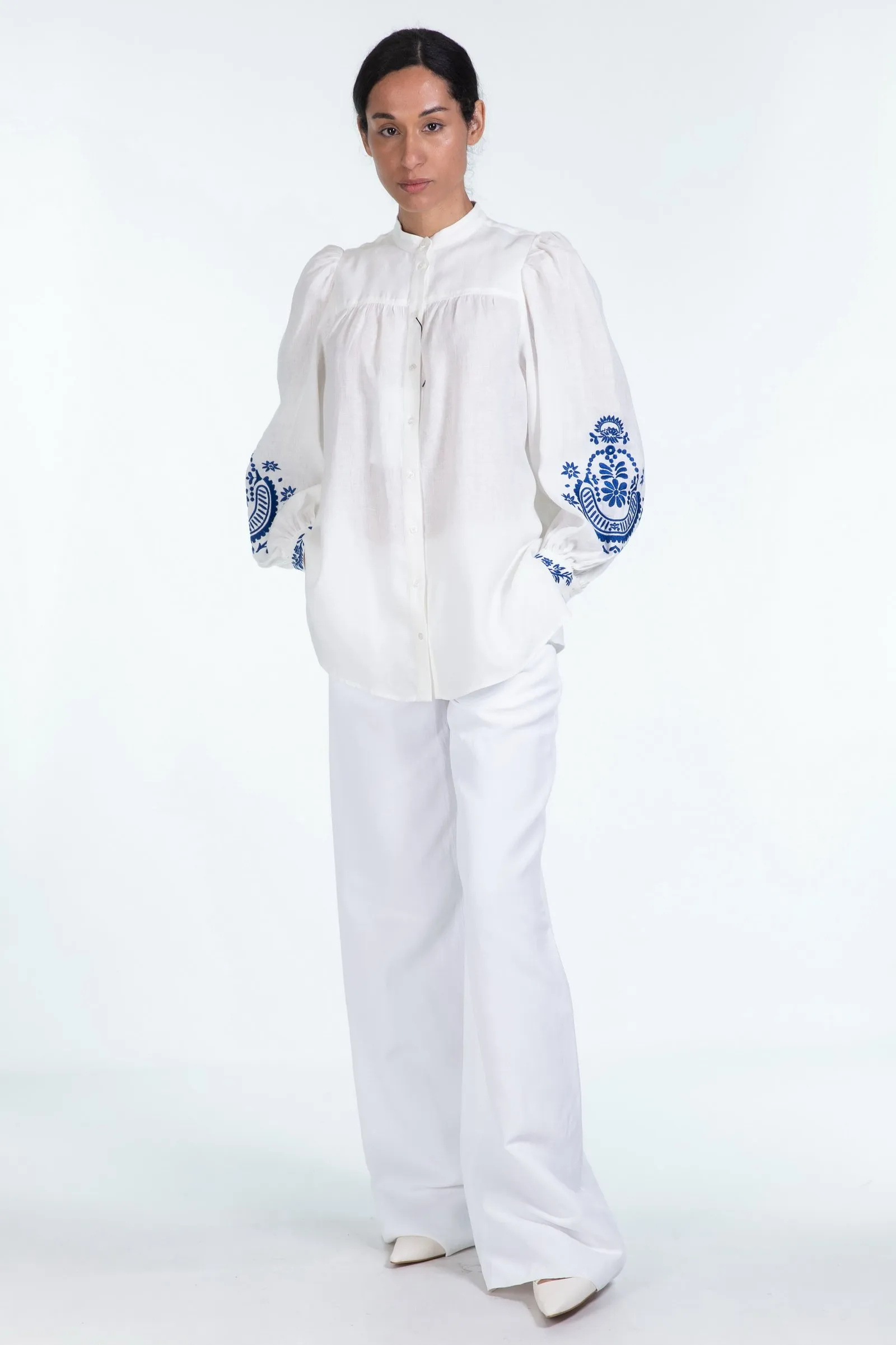 MAX MARA WEEKEND camicia in tela di lino con ricamo CARNIA