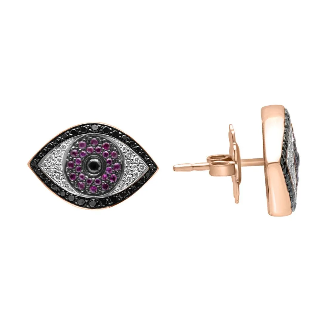 Orecchini design in oro rosa con rubini e diamanti